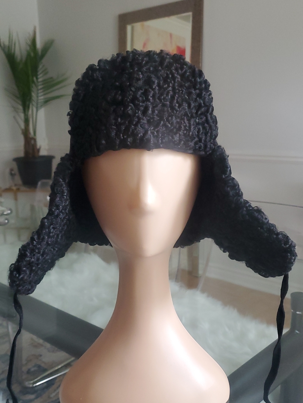 Real Persian Lamb & Suede Fur Earflap Trapper Trooper Black Hat